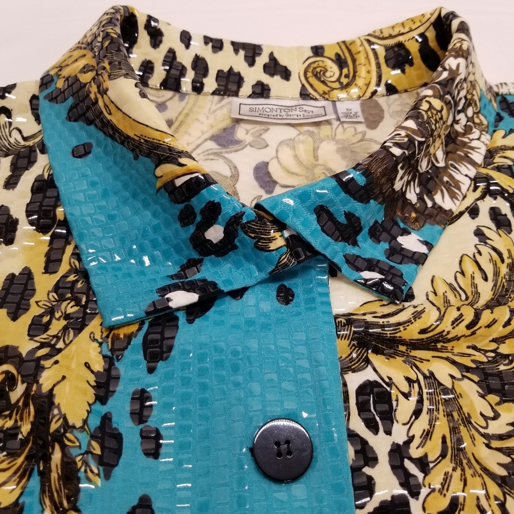 Simonton Says Size 3XL Jacket Long Sleeve Button Down Blue Gold Black Top - Picture 8 of 10